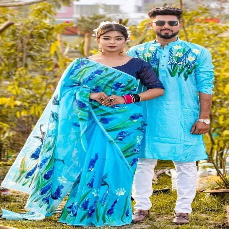 Blue Lily- Handloom Pure Cotton Saree-Kurta Couple Set | Dheu