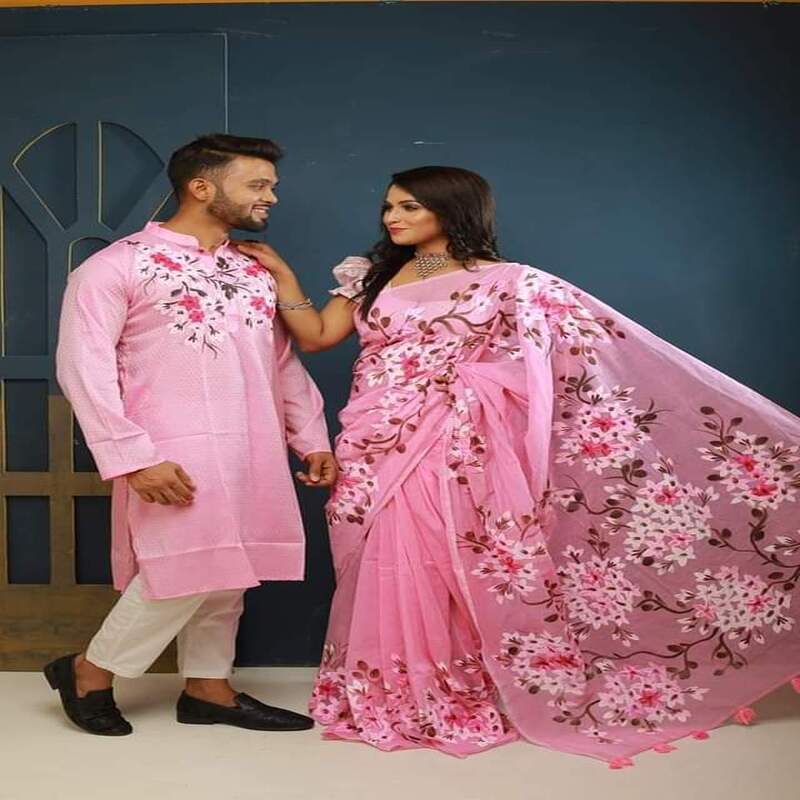 Dupiyan Cotton Silk Saree and Semi Long Panjabi For Couple - Multicolor