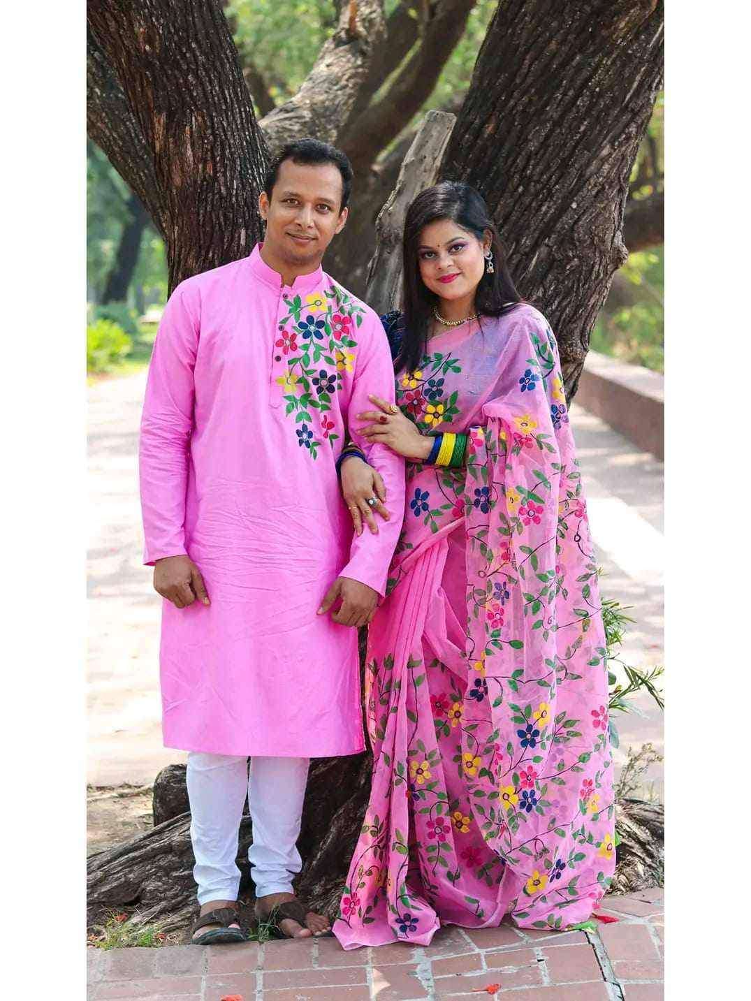 Stylish New Collection Saree & Panjabi koti Combo Dress black color for  Couple