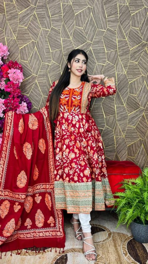 Maroon Floral Cotton 3 Piece Dress for Women with Matching Dupatta