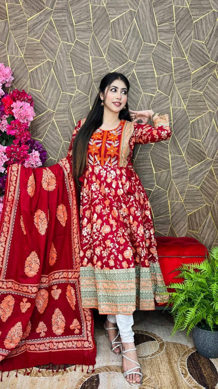 maroon-floral-cotton-3-piece-dress.webp Maroon Floral Cotton 3 Piece Dress for Women with Matching Dupatta