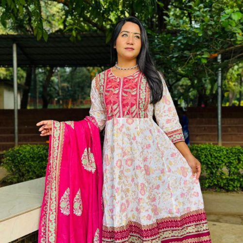 White Pink Floral Cotton 3 Piece Dress for Women with Matching Dupatta
