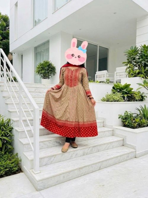 Premium Beige Red Printed Long Cotton Kurti for Women
