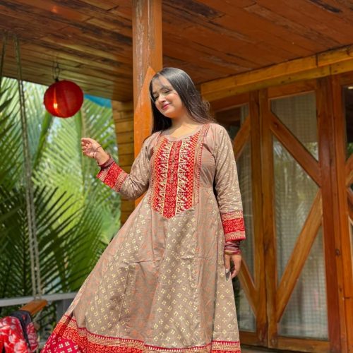 Premium Beige Maroon Printed Cotton 2 Piece Dress for Women