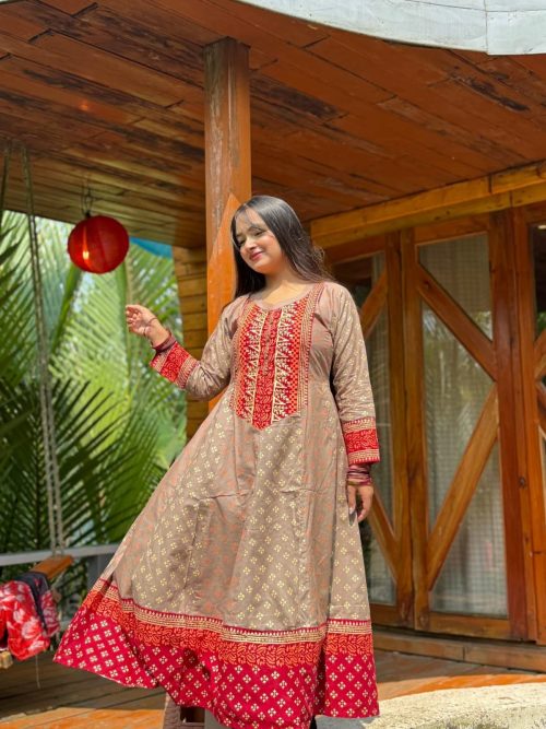 Premium Beige Maroon Printed Cotton 2 Piece Dress for Women