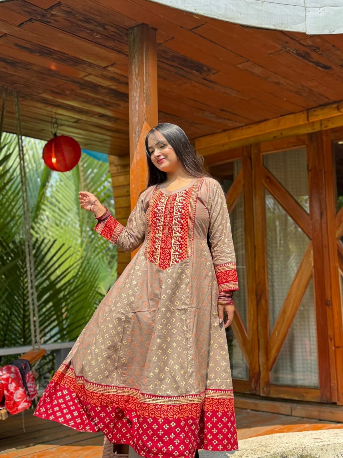 Premium Beige Red Printed Long Cotton Kurti Premium Beige Maroon Printed Cotton 2 Piece Dress for Women