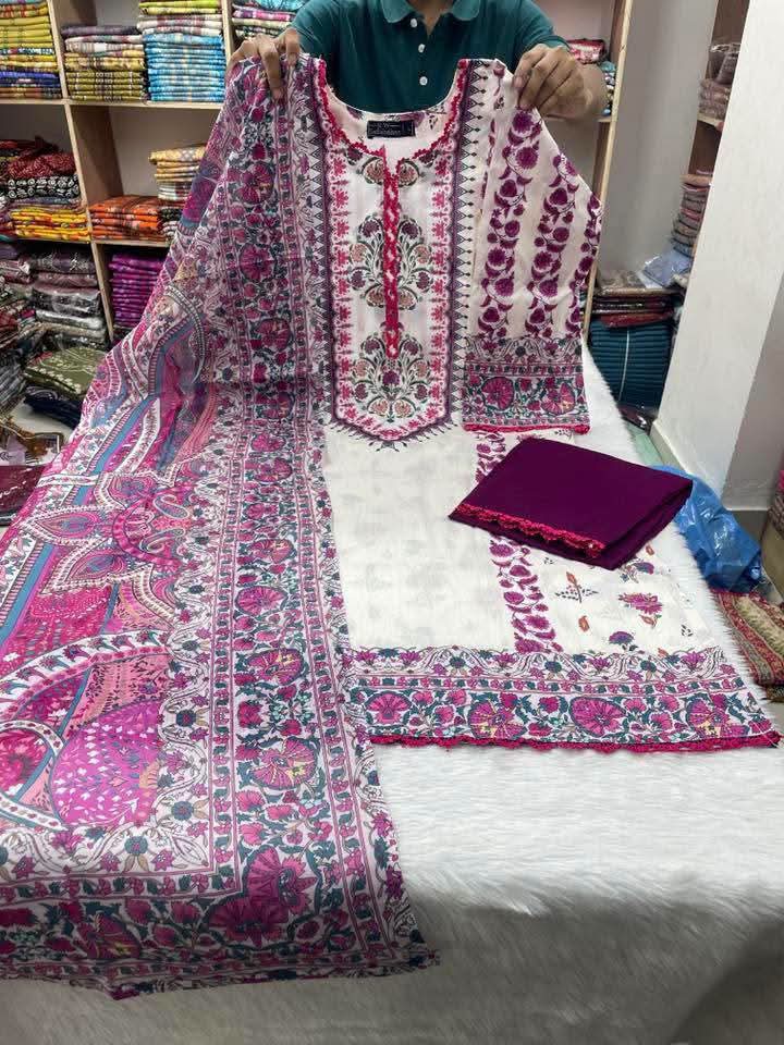 white magenta swiss cotton three piece