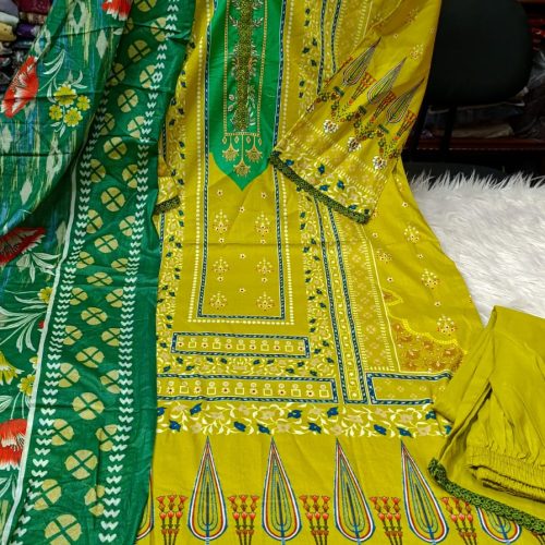 Yellow Green Swiss Cotton Three Piece for Women
