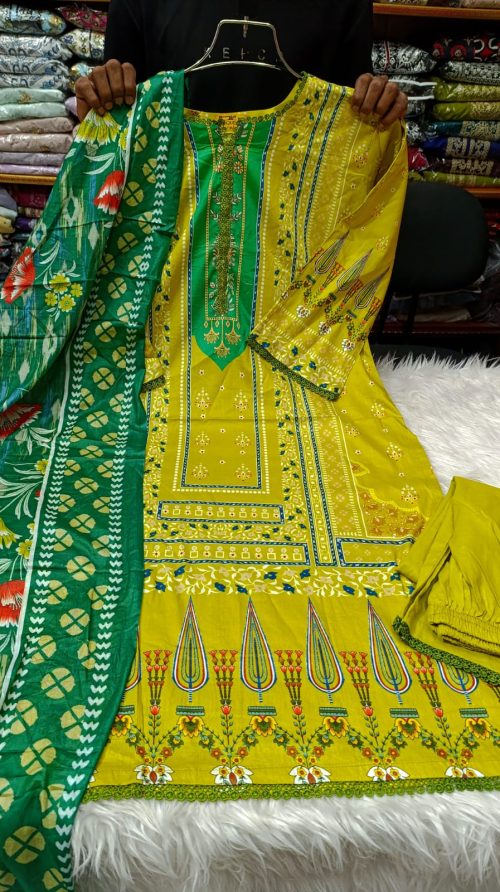 Yellow Green Swiss Cotton Three Piece for Women