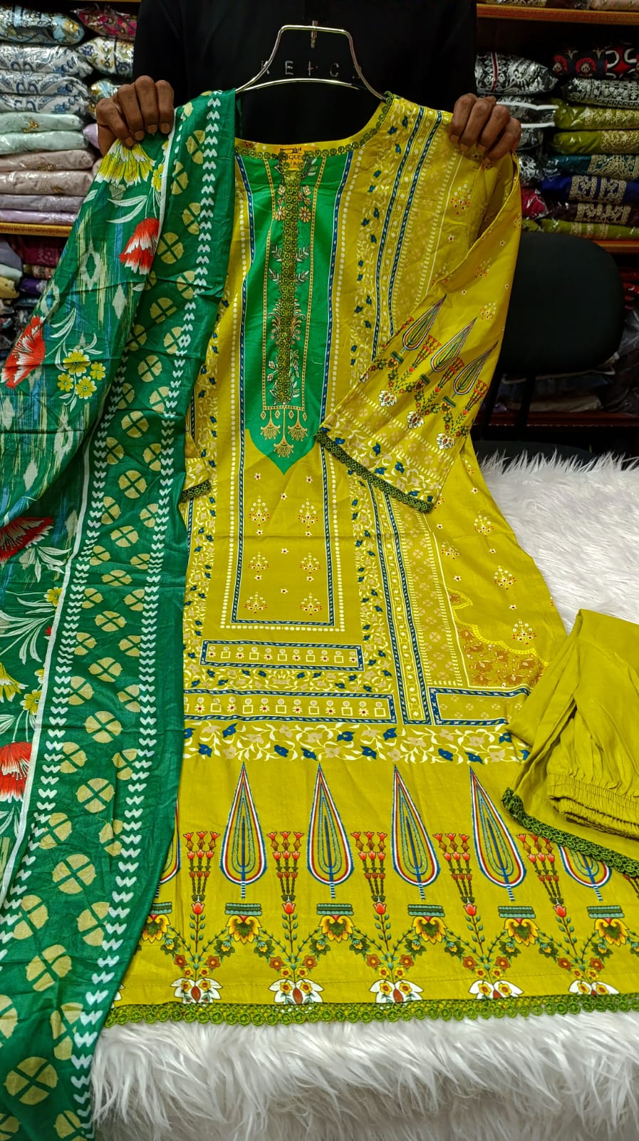 Yellow Green Swiss Cotton Three Piece for Women