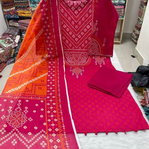 Pink Orange Swiss Cotton Stitched Three Piece for Women