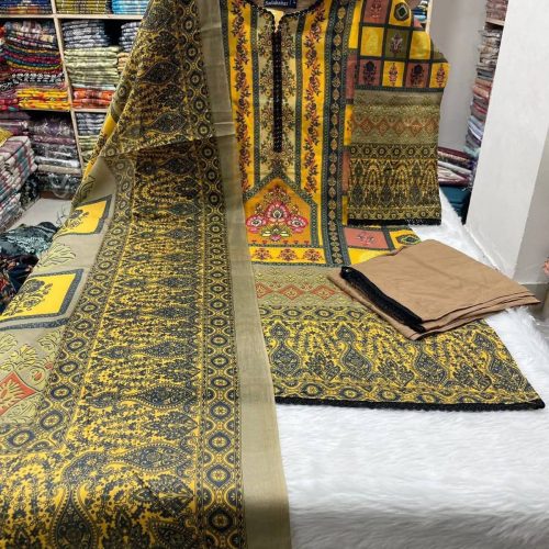 Mustard Brown Swiss Cotton Three Piece