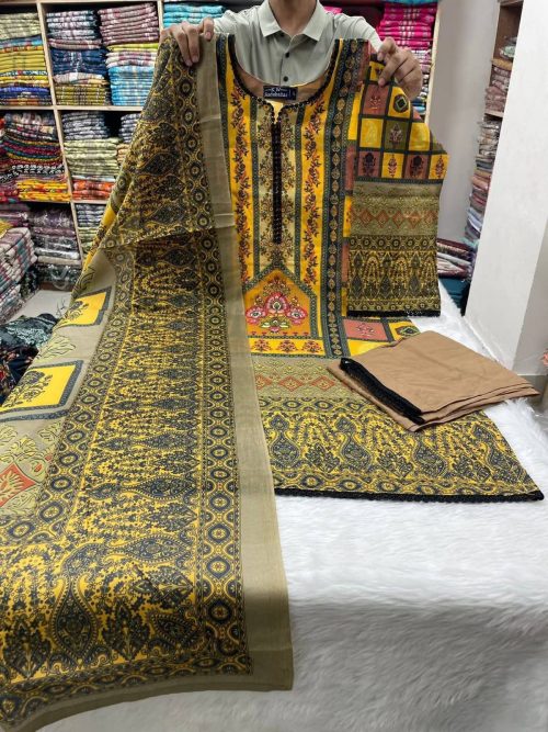 Mustard Brown Swiss Cotton Three Piece