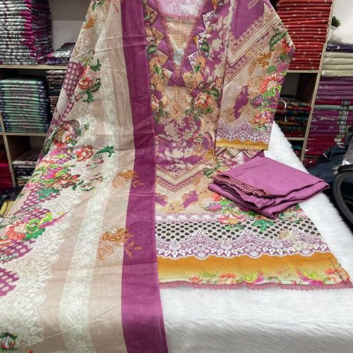Jom Jom Swiss Cotton Stitched Three Piece Purple Floral Print