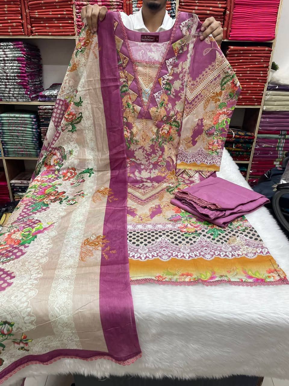 Jom Jom Swiss Cotton Stitched Three Piece Purple Floral Print