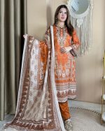 Autumn Glow Swiss Cotton Stitched Three Piece Orange Ethnic Print