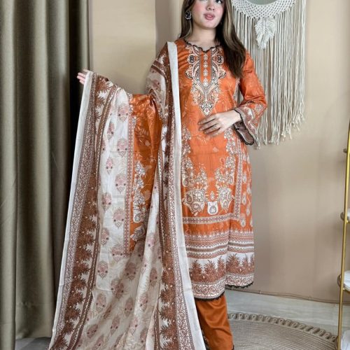 Autumn Glow Swiss Cotton Stitched Three Piece Orange Ethnic Print