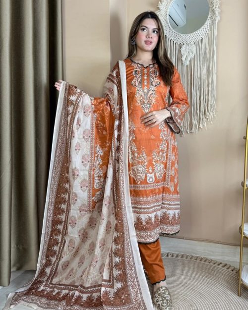 Autumn Glow Swiss Cotton Stitched Three Piece Orange Ethnic Print