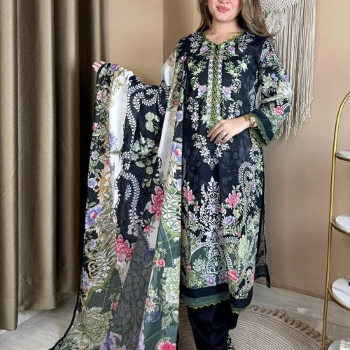 Black Floral Swiss Cotton Three Piece