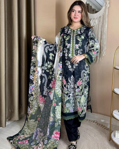 Black Floral Swiss Cotton Three Piece