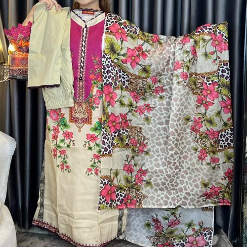 Cream Pink Floral Swiss Cotton Three Piece