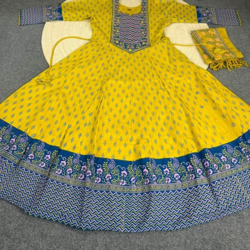 Yellow Floral Printed Swiss Cotton Three Piece
