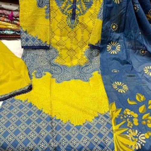 Mustard Yellow Navy Printed Swiss Cotton Three Piece