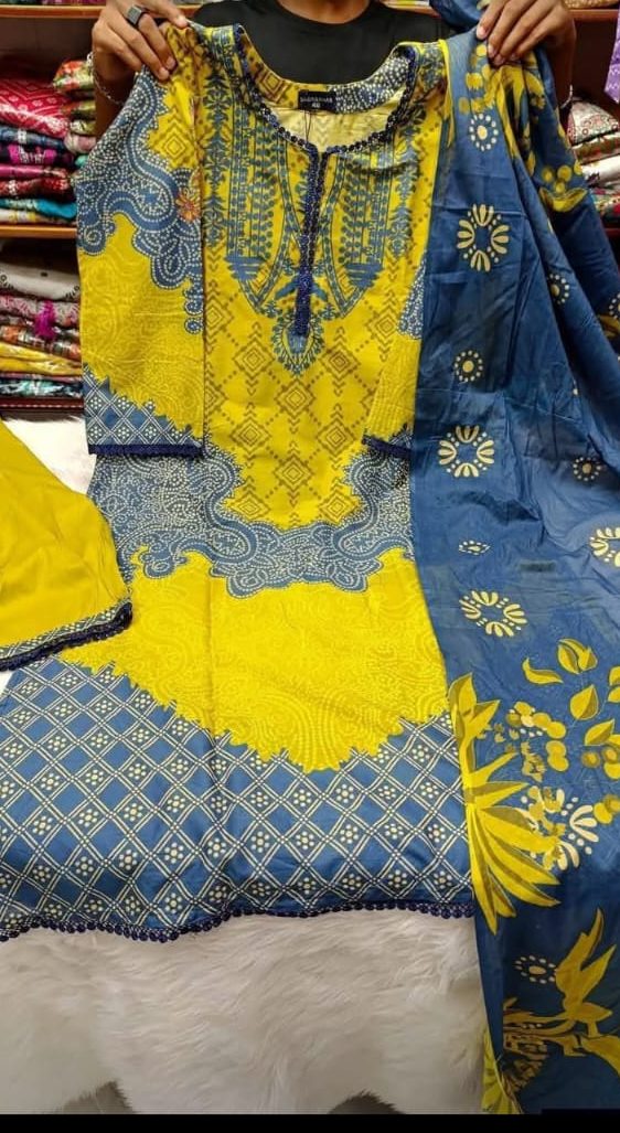 WhatsApp Image 2026-07-15 at 8.12.31 PM Mustard Yellow Navy Printed Swiss Cotton Three Piece