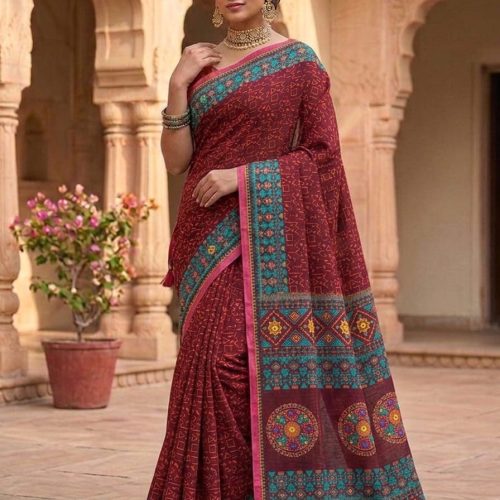 Ethnic Printed Mirror Work Soft Cotton Saree