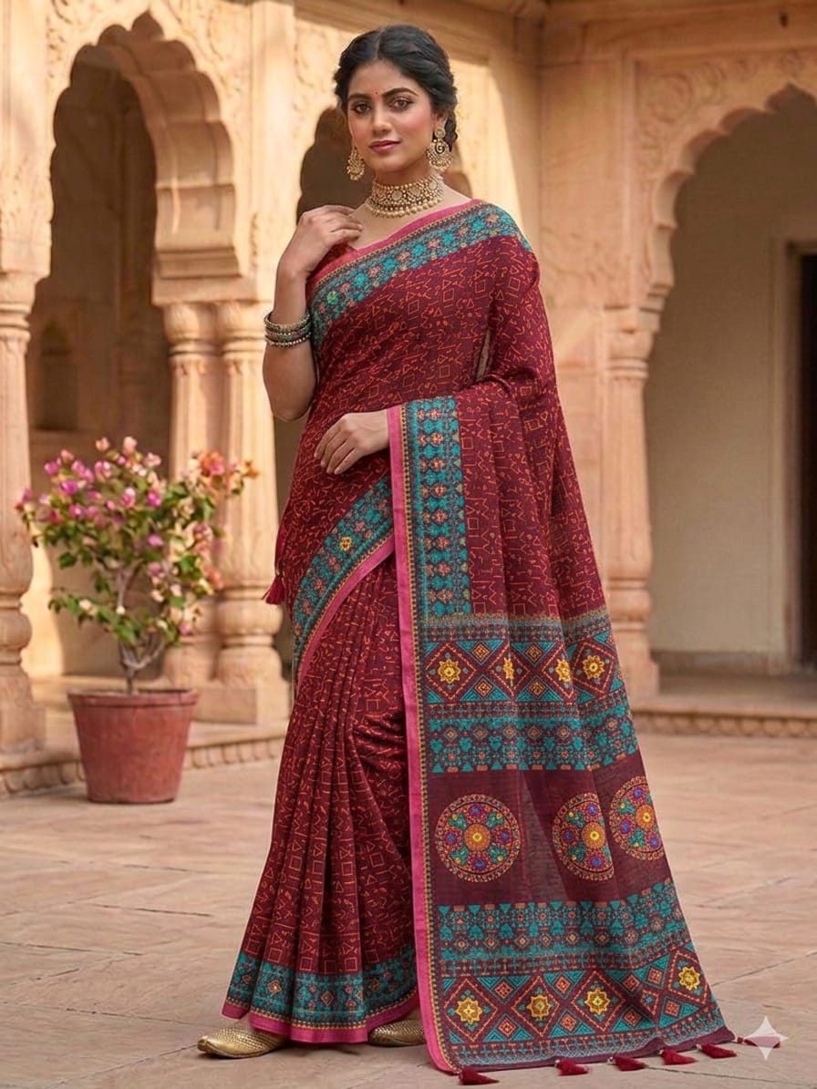 Ethnic Printed Mirror Work Soft Cotton Saree