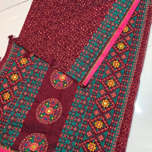 Ethnic Printed Mirror Work Soft Cotton Saree