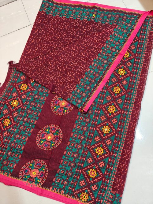 Ethnic Printed Mirror Work Soft Cotton Saree