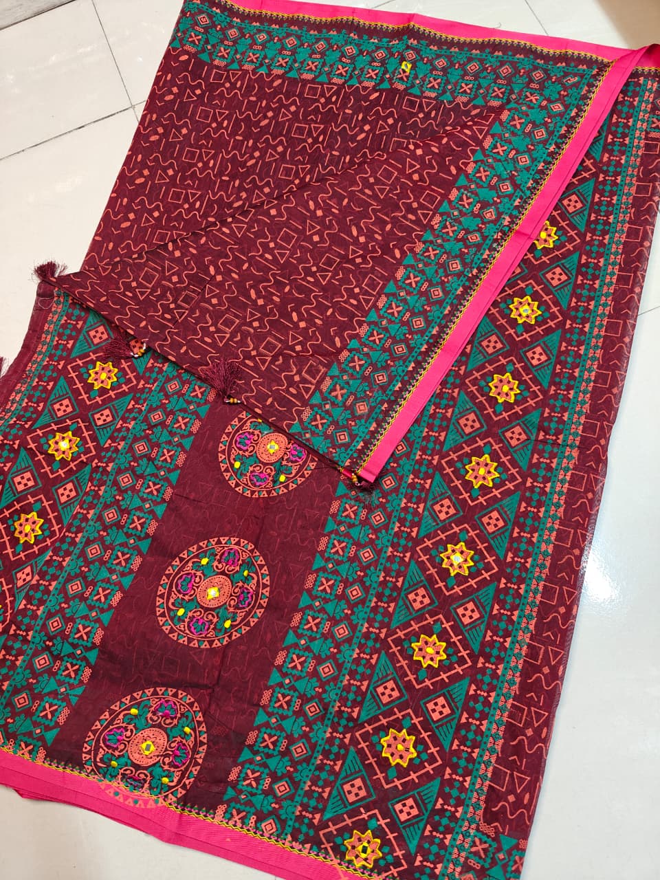 Ethnic Printed Mirror Work Soft Cotton Saree