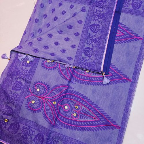 Embroidered Leaf Design Soft Cotton Saree