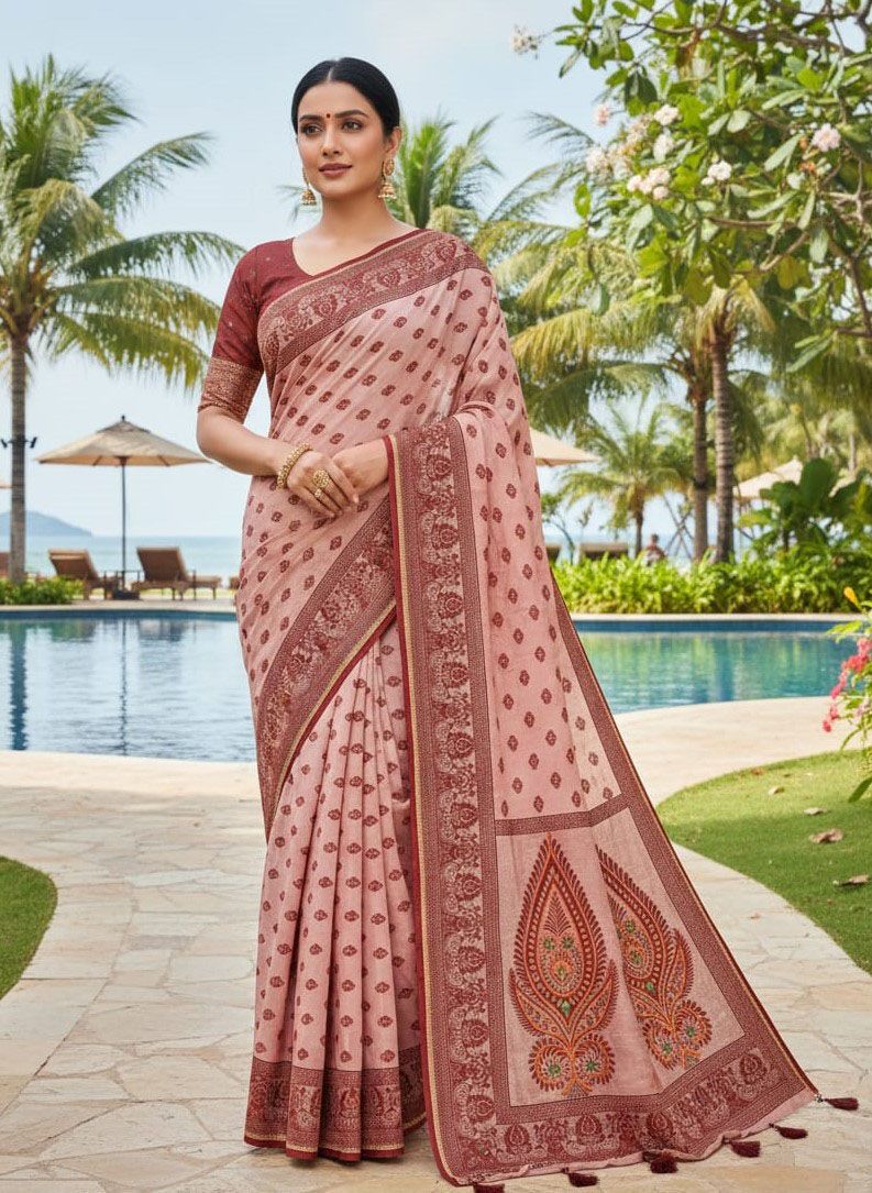 Embroidered Leaf Design Soft Cotton Saree