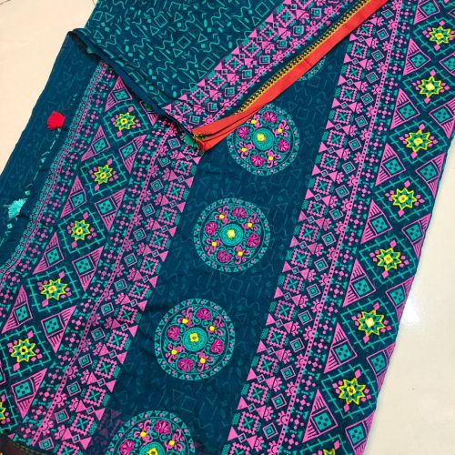 Geometric Printed Mirror Work Soft Cotton Saree