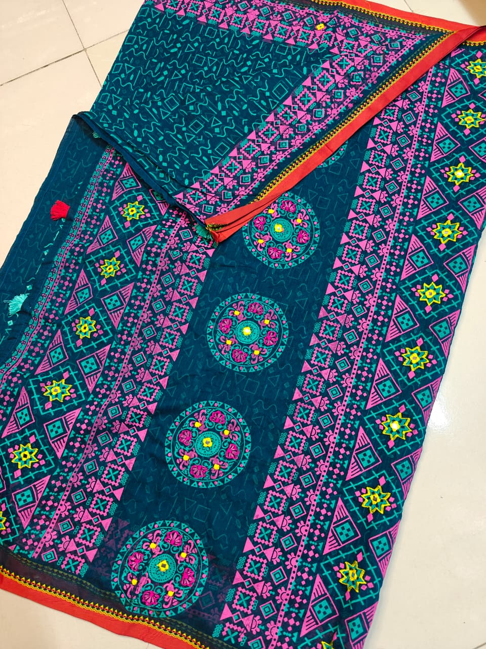 Geometric Printed Mirror Work Soft Cotton Saree