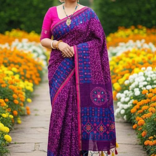 Geometric Printed Mirror Work Soft Cotton Saree