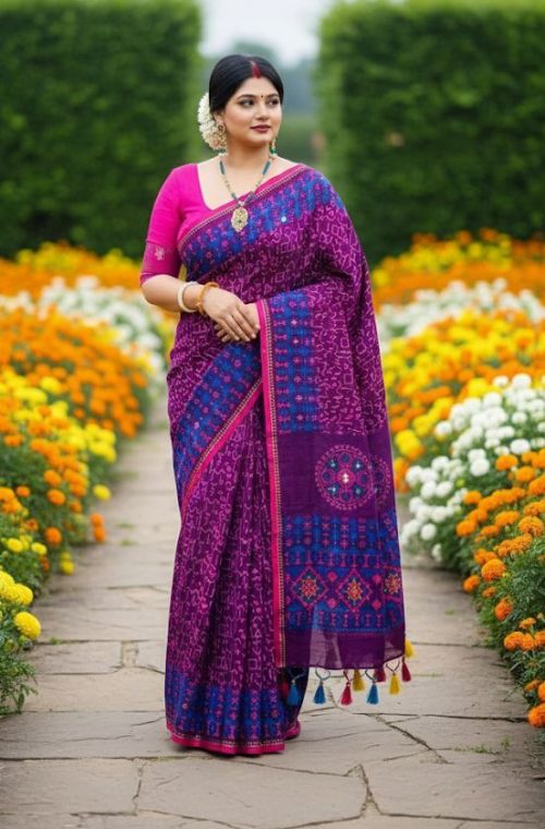 Geometric Printed Mirror Work Soft Cotton Saree