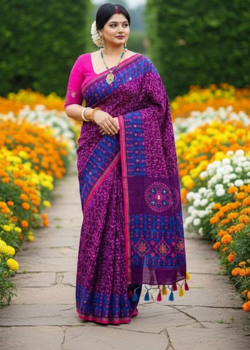 Geometric Printed Mirror Work Soft Cotton Saree