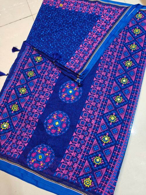 Geometric Printed Mirror Work Soft Cotton Saree