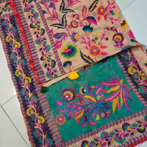 Floral Printed Mirror Work Soft Cotton Saree