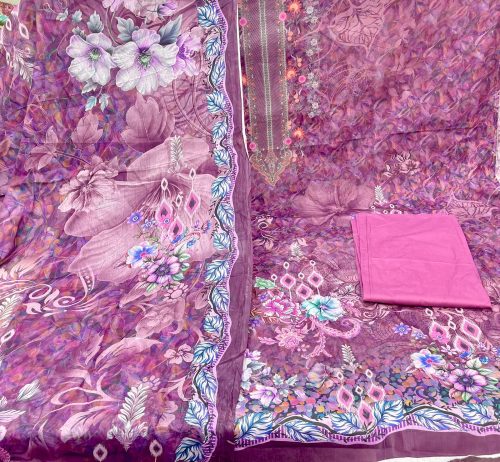 Premium Digital Printed Unstitched Three Piece with elegant floral and ethnic prints, soft breathable fabric, matching printed orna, and matching bottom fabric. Perfect for casual wear, office, festivals, and special occasions.
