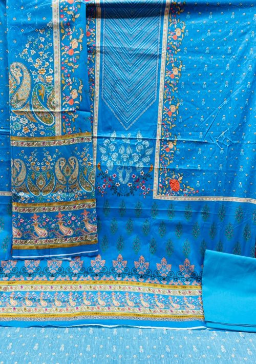 Premium Digital Printed Unstitched Three Piece with elegant floral and ethnic prints, soft breathable fabric, matching printed orna, and matching bottom fabric. Perfect for casual wear, office, festivals, and special occasions.