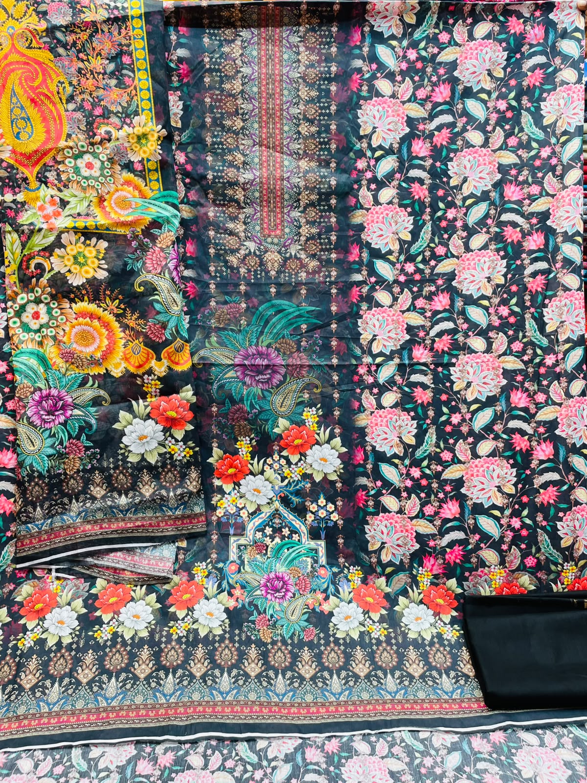 Premium Digital Printed Unstitched Three Piece with elegant floral and ethnic prints, soft breathable fabric, matching printed orna, and matching bottom fabric. Perfect for casual wear, office, festivals, and special occasions.
