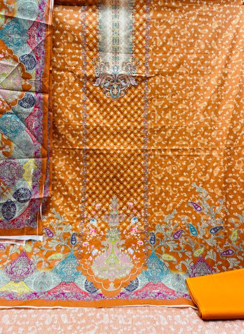 Premium Digital Printed Unstitched Three Piece with elegant floral and ethnic prints, soft breathable fabric, matching printed orna, and matching bottom fabric. Perfect for casual wear, office, festivals, and special occasions.