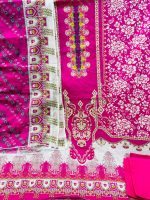 Premium Digital Printed Unstitched Three Piece with elegant floral and ethnic prints, soft breathable fabric, matching printed orna, and matching bottom fabric. Perfect for casual wear, office, festivals, and special occasions.
