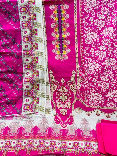Premium Digital Printed Unstitched Three Piece with elegant floral and ethnic prints, soft breathable fabric, matching printed orna, and matching bottom fabric. Perfect for casual wear, office, festivals, and special occasions.