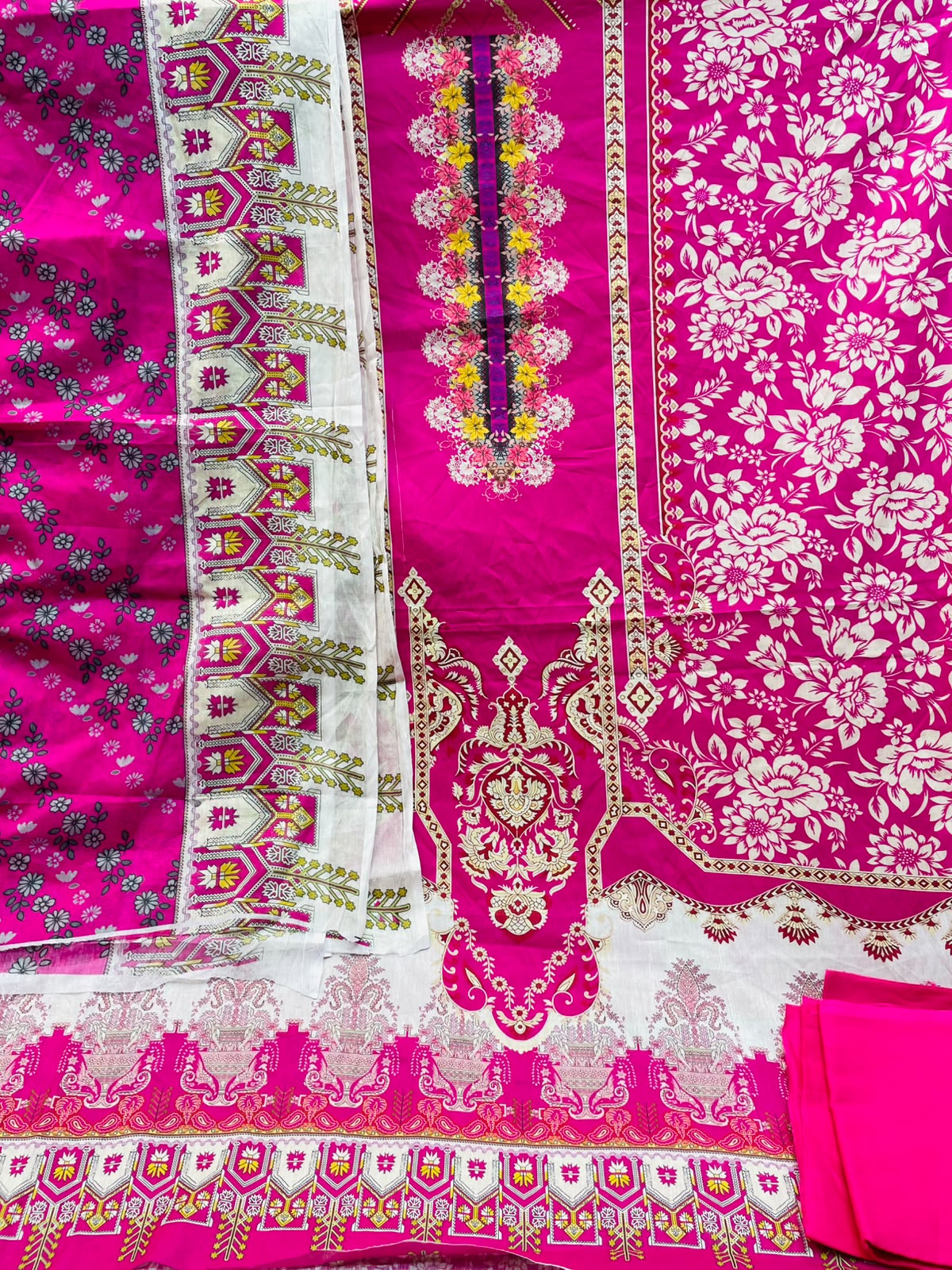 Premium Digital Printed Unstitched Three Piece with elegant floral and ethnic prints, soft breathable fabric, matching printed orna, and matching bottom fabric. Perfect for casual wear, office, festivals, and special occasions.