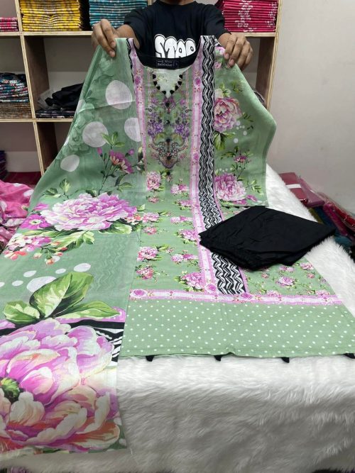 Premium Floral Printed Unstitched Three Piece Dress for Women - Pink & Mint Green